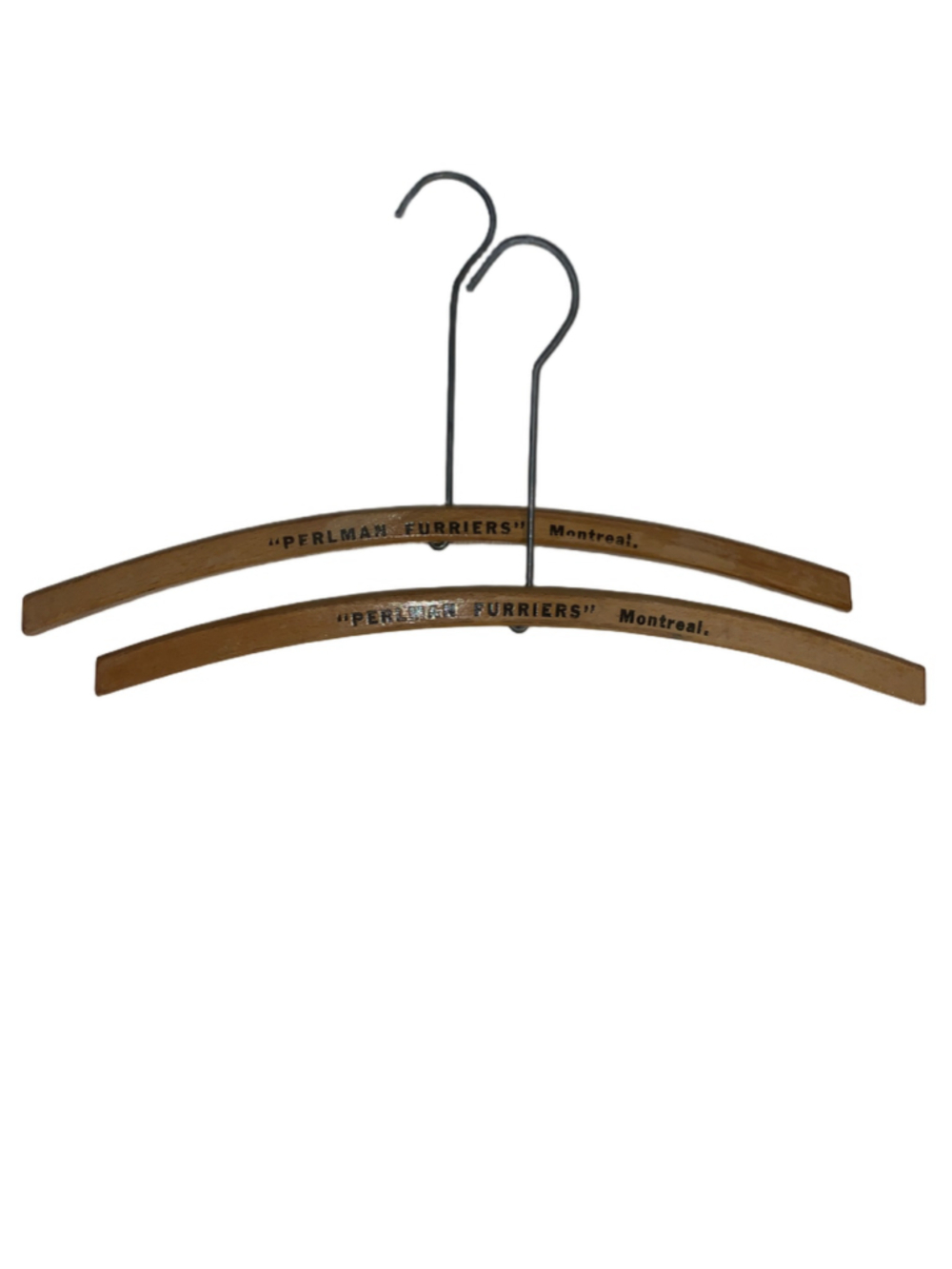 Perlman Furriers Vintage Wooden Coat Hangers Set of 2 Brown Silver